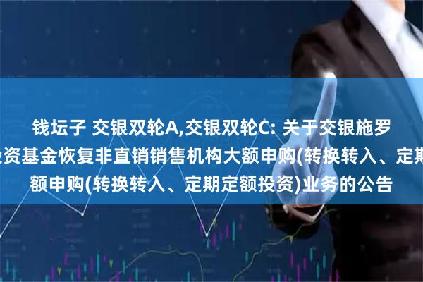 钱坛子 交银双轮A,交银双轮C: 关于交银施罗德双轮动债券型证券投资基金恢复非直销销售机构大额申购(转换转入、定期定额投资)业务的公告